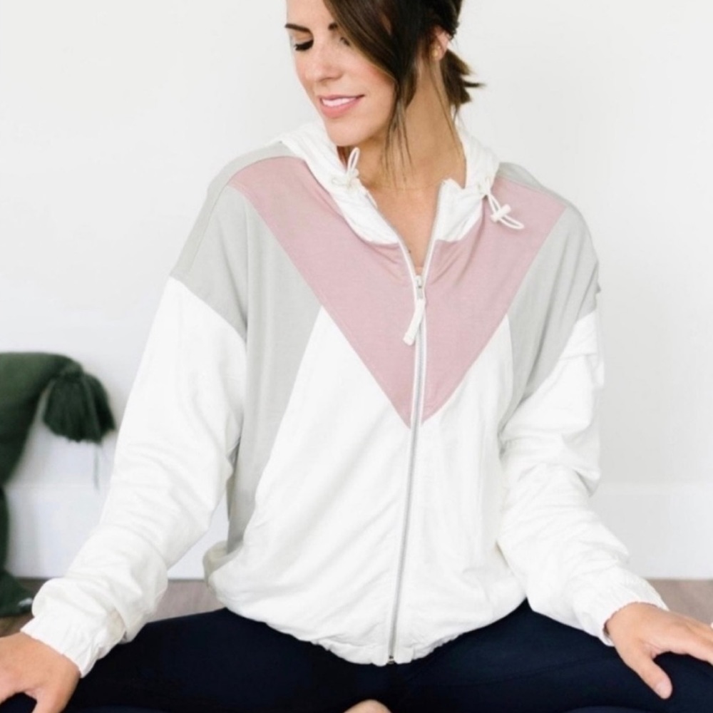 ZYIA Active Jacket Cream Block Soft Zipper Hoodie Retro Colorblock size Medium
